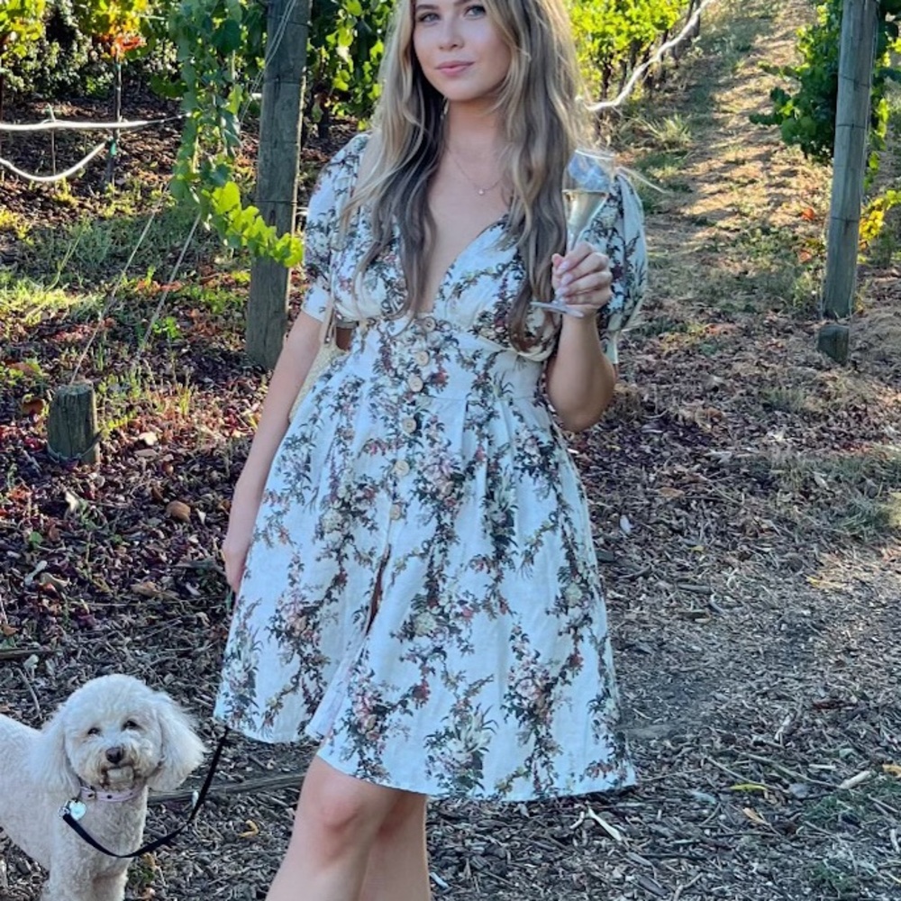 Agua Bendita Floral Puff Sleeve Beige Dresss Size:S